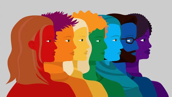 Fila Profili Persone Diverse Colorate Con Colori Arcobaleno Concetto Lgbtq — Vettoriale Stock