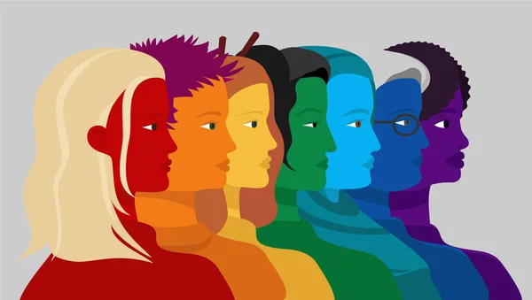 虹色の異なる女性プロファイルの行 Lgbtqの概念 — ストックベクタ