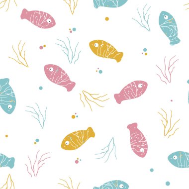 Balık kusursuz vektör deseni. Renkli karikatür balık desenleri. Deniz yaşam vektör çizimi. Mavi, pembe ve sarı balık desenleri. Düz biçim konsept çizimi