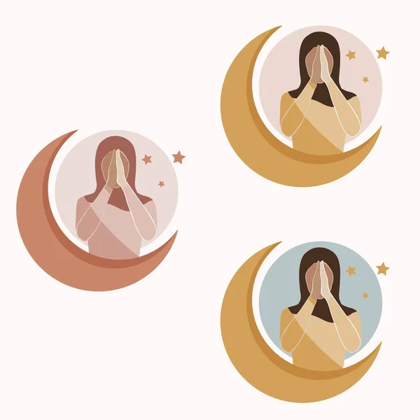 Mujer Musulmana Rezando Hiyab Luna Estrellas Ilustración Vector Concepto Plano — Archivo Imágenes Vectoriales