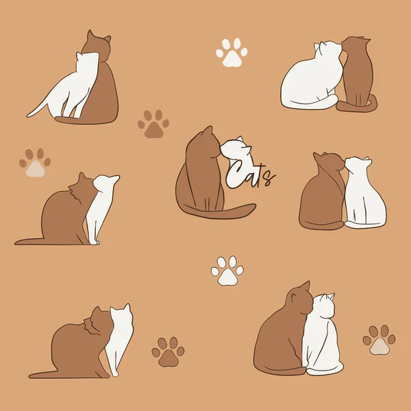 Cat Couples Clip Art Cat Love Cat Outlined Vector Illustrations — Stock Vector