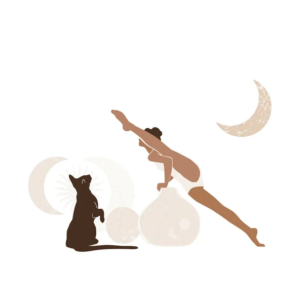 Bella Donna Che Pratica Yoga Con Gatto Illustrazione Spirituale Yoga — Vettoriale Stock