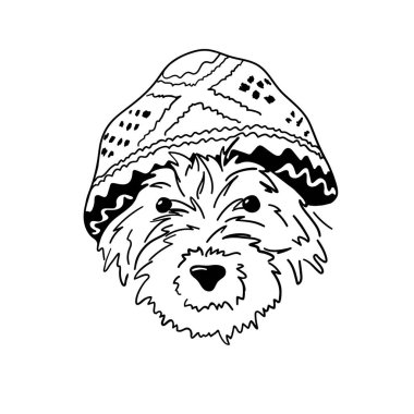 Noel köpeği tasviri çizimi. Kış şapkalı köpek portresi