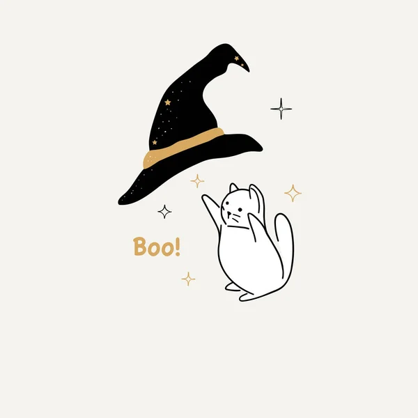 Halloween Kočka Klobouk Ručně Kreslené Vektorové Ilustrace Vtipné Halloweenské Kotě — Stockový vektor
