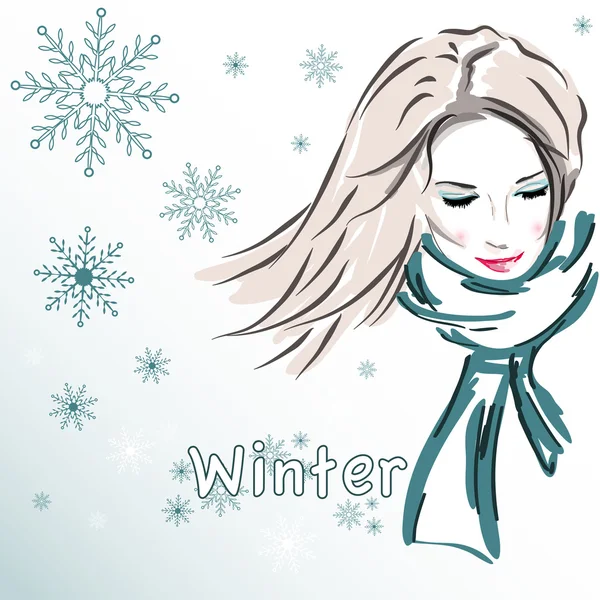 Ilustración vectorial, hermosa chica, invierno — Vector de stock