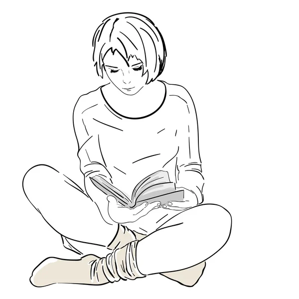 Ilustração vetorial, mulher bonita, lendo o livro, esboço — Vetor de Stock