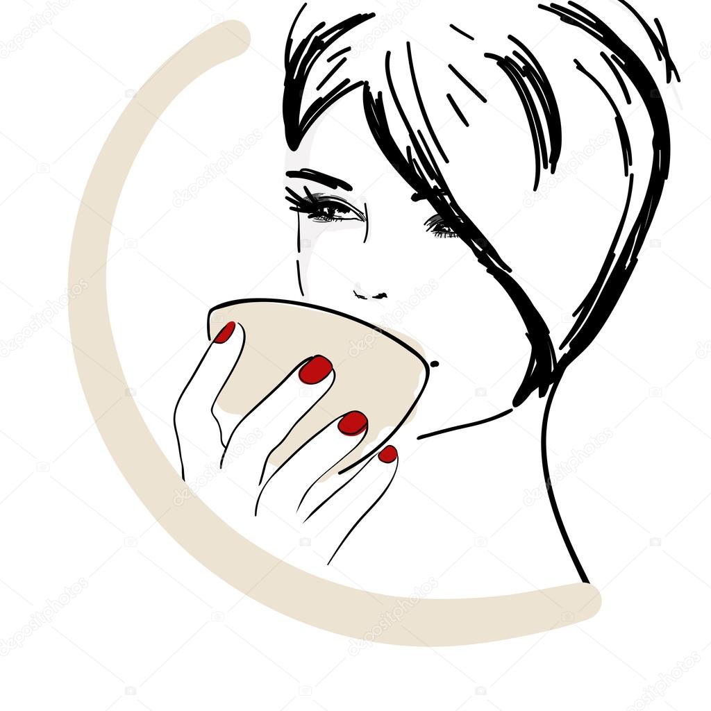Vector illustration, beautiful young woman drinking coffee