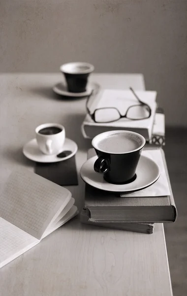 Artwork in retro style,  cup of coffee, glasses, notebook, books — Stock Photo, Image