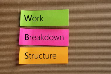 WBS, Work Breakdown Structure text on colorful sticky notes clipart