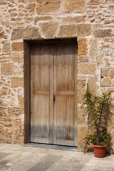 Porte en bois en mur de pierre et pot de fleurs, style méditerranéen — Photo