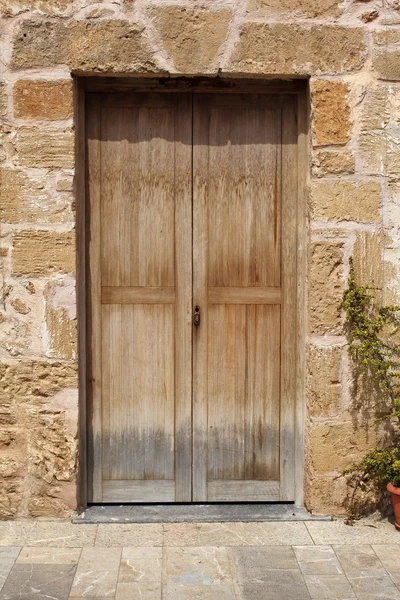 Wooden door in stone wall and flowerpot, mediterranean style — Stock Photo, Image