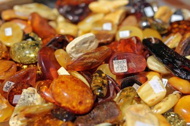 Gdansk, Polonya eski kentinde bir dükkanda kehribar taşların yakın çekim
