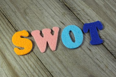 SWOT (güçlü zayıf fırsatlar tehditler) iş kısaltma ahşap arka plan üzerinde