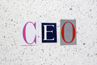 Beyaz el yapımı kağıt dokusu üzerinde gazeteden kesilmiş CEO'su (İcra Kurulu Başkanı) kısaltma