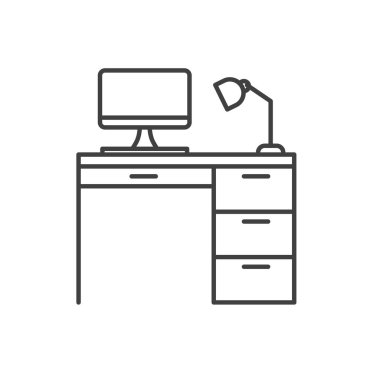 bilgisayar ve lamba simgesi ile ofis masası - vektör illüstrasyonu