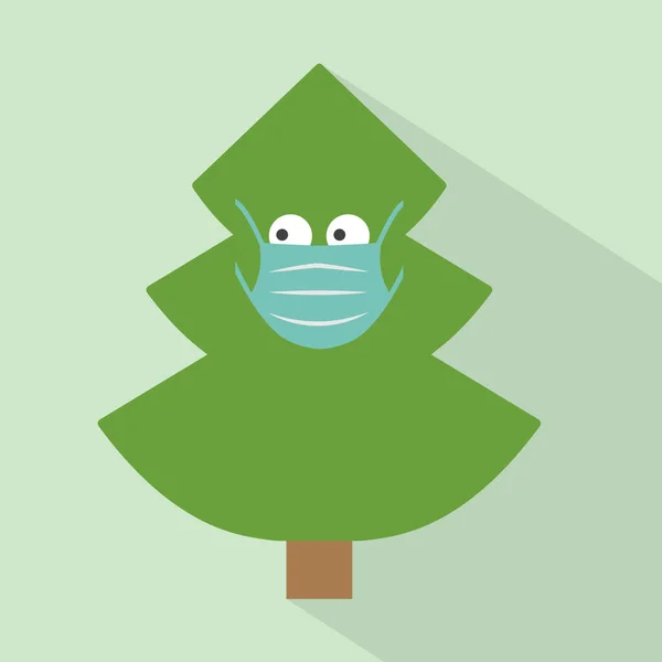 顔のマスクを持つ面白いクリスマスツリー コロナウイルスパンデミック中のクリスマスのお祝い 保護対策 ベクトル図 — ストックベクタ