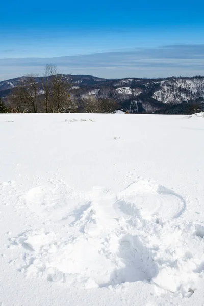 snow angel design made in fresh snow in the mountains