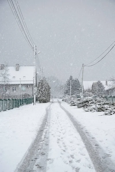 Landelijke Straat Tijdens Sneeuwstorm Winter Scene — Stockfoto