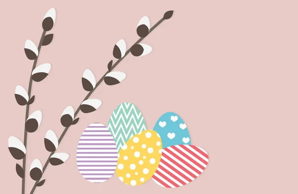Colorful Easter Eggs Pussy Willow Pink Background Copy Space Vector — Stock Vector