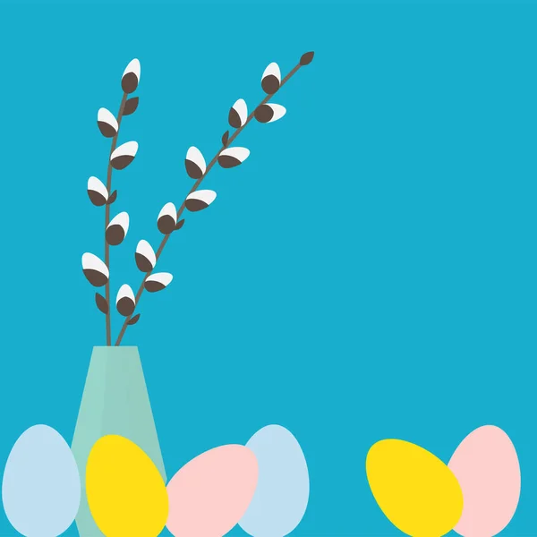 Colorful Easter Eggs Pussy Willow Vase Vector Illustration — Vector de stock