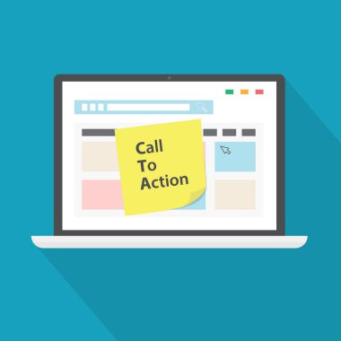 CTA Call To Action dizüstü bilgisayardaki yapışkan notta yazıyor - vektör illüstrasyonu