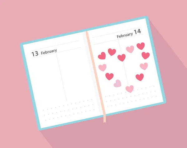 Otevřený Kalendář Únor Valentýna Datum Srdce Vektorové Ilustrace — Stockový vektor