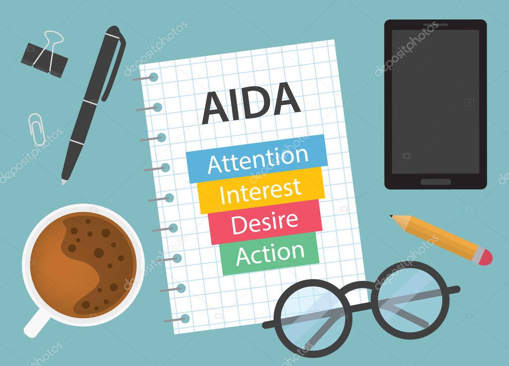 AIDA Attention Interest Desire Action written in notebook- vector illustration