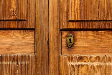 closeup of golden keyhole in elegance wooden door
