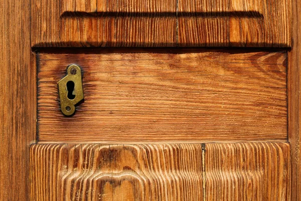 Closeup Golden Keyhole Elegance Wooden Door — Fotografia de Stock