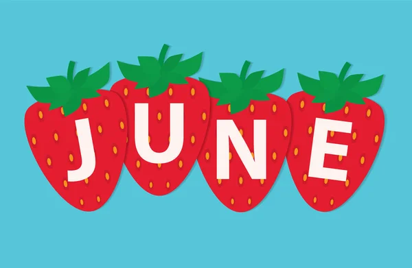 June Word Written Strawberries Fruits Vector Illustration —  Vetores de Stock