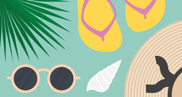 Sommerkomposition Palmblatt Strohhut Sonnenbrille Flip Flops Und Muschelvektorillustration — Stockvektor