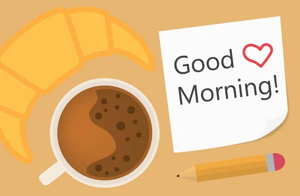 Доброго Ранку Написано Липкій Ноті Кавою Круасан Векторні Ілюстрації — стоковий вектор