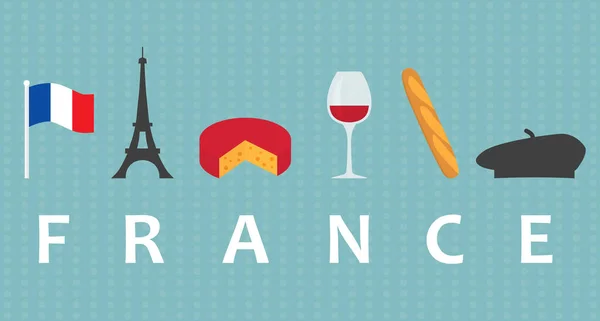 Viaje Francia Concepto Bandera Torre Eiffel Queso Vino Baguette Boina — Archivo Imágenes Vectoriales