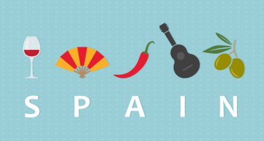 İspanya 'ya seyahat; şarap kadehi, el vantilatörü, kırmızı biber, gitar ve yaşam- vektör illüstrasyon