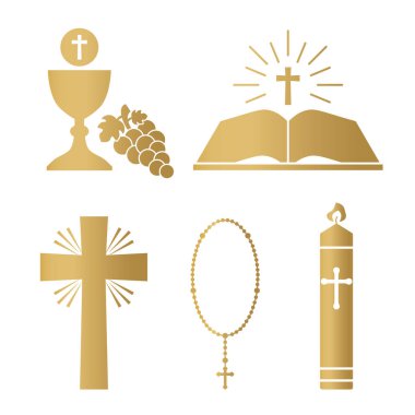 Altın Hıristiyanlık simgesi seti; komünyon kadehi, İncil, haç, tespih ve mum - vektör çizimi