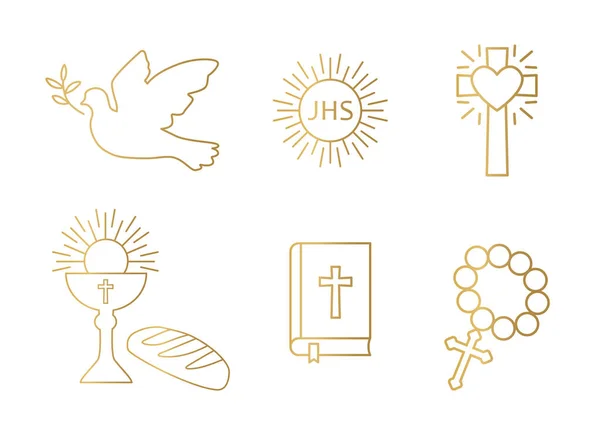 Золотой Набор Икон Христианства Голубь Святое Причастие Крест Чаша Хлеб — стоковый вектор