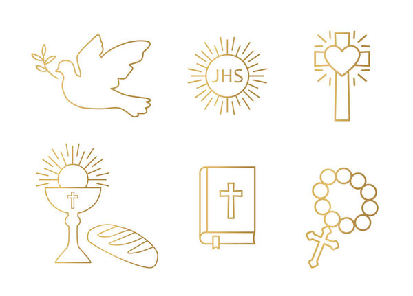 golden christianity icon set; dove, holy communion, cross, chalice and bread, bible and rosary - vector illustration