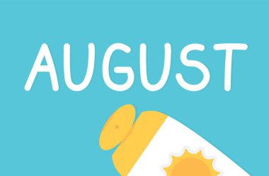 Güneş korumalı krem-vektör illüstrasyonuyla yazılmış ağustos kelimesi