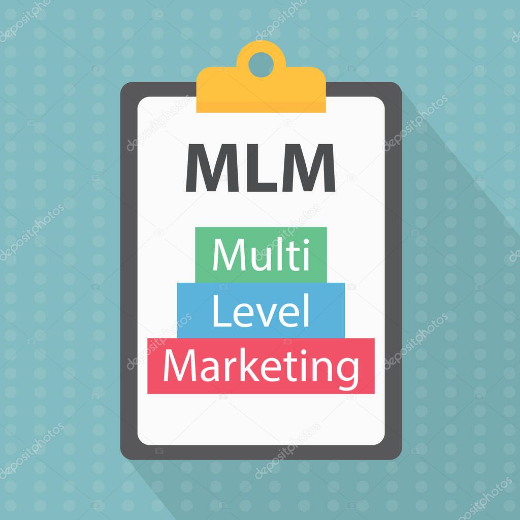 MLM Multi Level Marketing written on clipboard- vector illustration