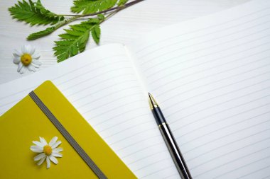 Aç defterini, papatya çiçekleri, yeşil yapraklar ve beyaz tahta üzerinde kalem.