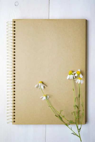 Caderno Espiral Com Papel Amarelo Rústico Flores Camomila — Fotografia de Stock