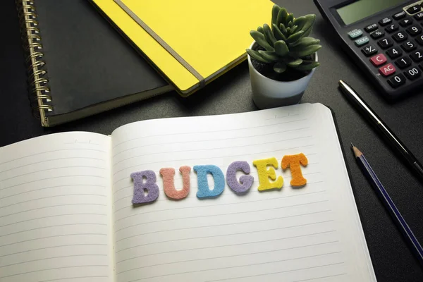 Budget Word Made Colorful Felt Letters Open Notebook — Stockfoto