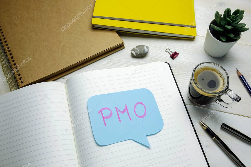 PMO (Project Management Office) written in speech bubble on open notebook