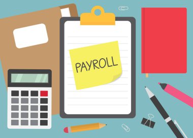 Sarı yapışkan not üzerine yazılan maaş bordroları. Vektör illüstrasyonu