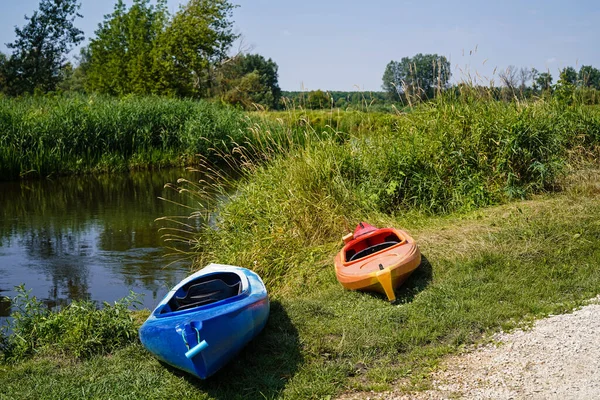 Kayaks Bank Nida River Poland — Stockfoto