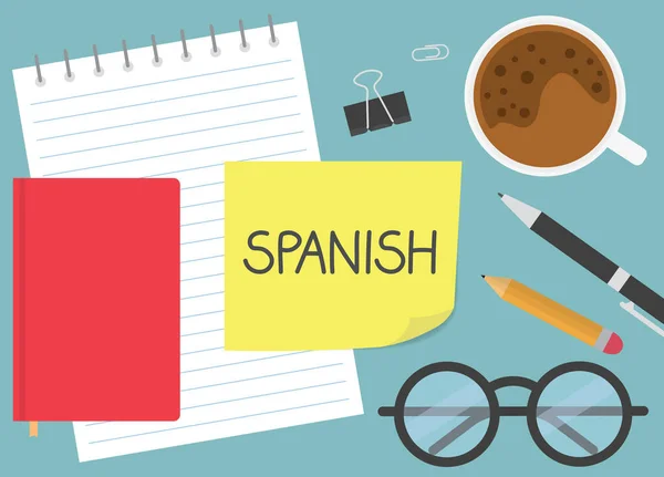 用黄色便条写的西班牙语 学习语言的概念 矢量图解 — 图库矢量图片