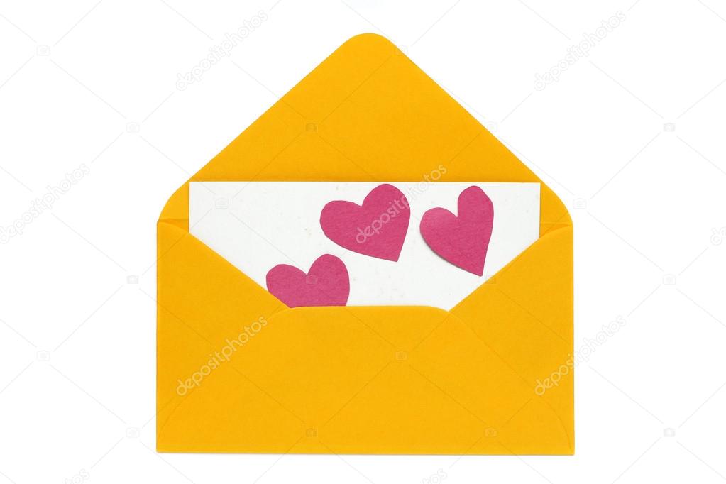 Love letter- orange envelope with paper hearts on blank card