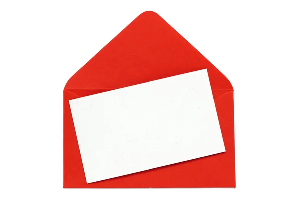 Sobre rojo con tarjeta blanca en blanco — Foto de Stock