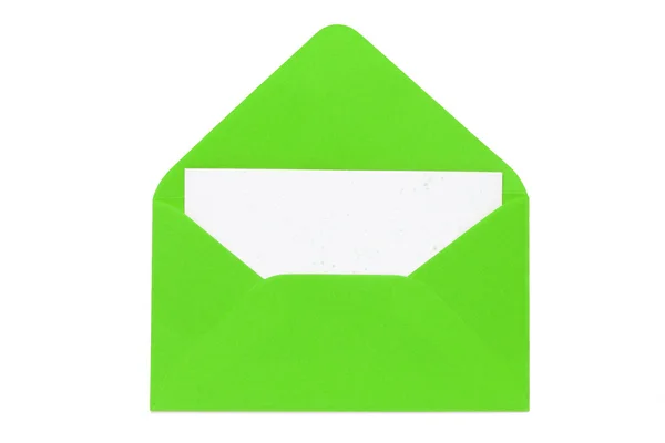 Zelené otevřené obálce s prázdnou kartou — Stock fotografie