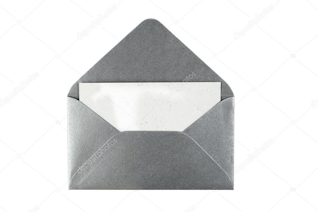 Open silver enveloped with blank card on white background